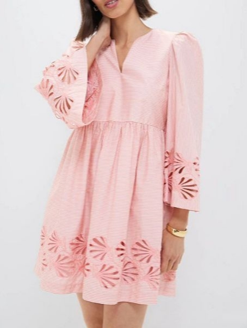 Tuckenuck Pink & White Stripes Scalloped Cutwork Babydoll  flared Mini Dress